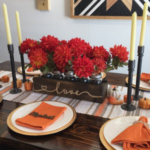 Engraved "love" rustic mason jar centerpiece