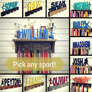 Our personalized trophy shelf and medal holder is a great gift for any winner so they can display all of their awesome awards. This design comes in a variety of colors, or you can pick from our other choices of sports or phrases so we can customize a unique trophy shelf just for you!