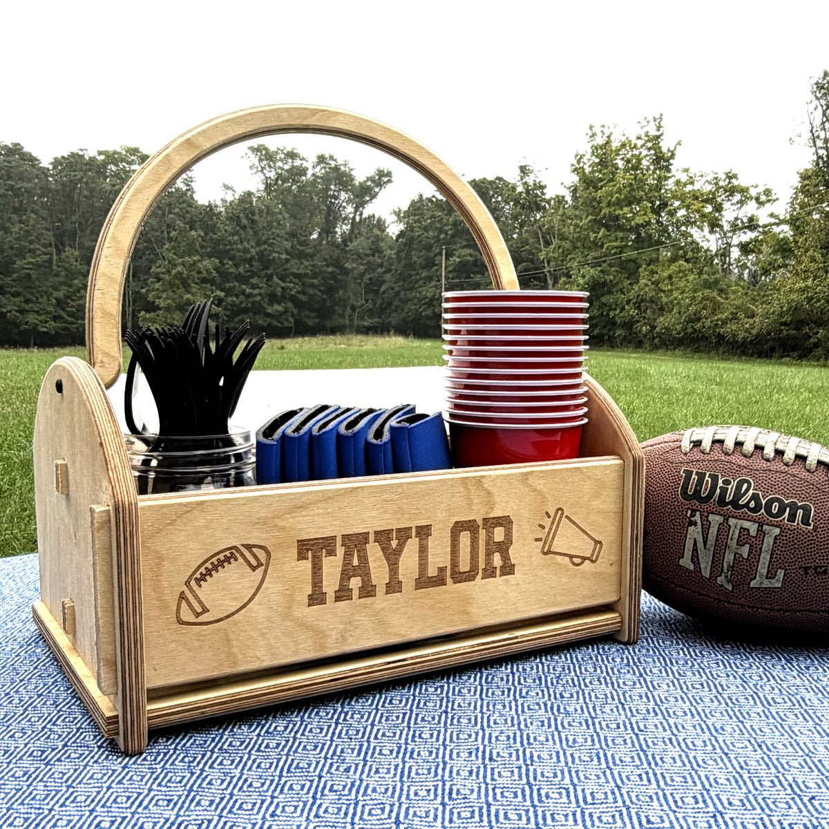 Personalized Wood Grill Caddy &amp; BBQ Organizer |  Tailgate Basket | Picnic Caddy | Unique Grilling Gift for Dad
