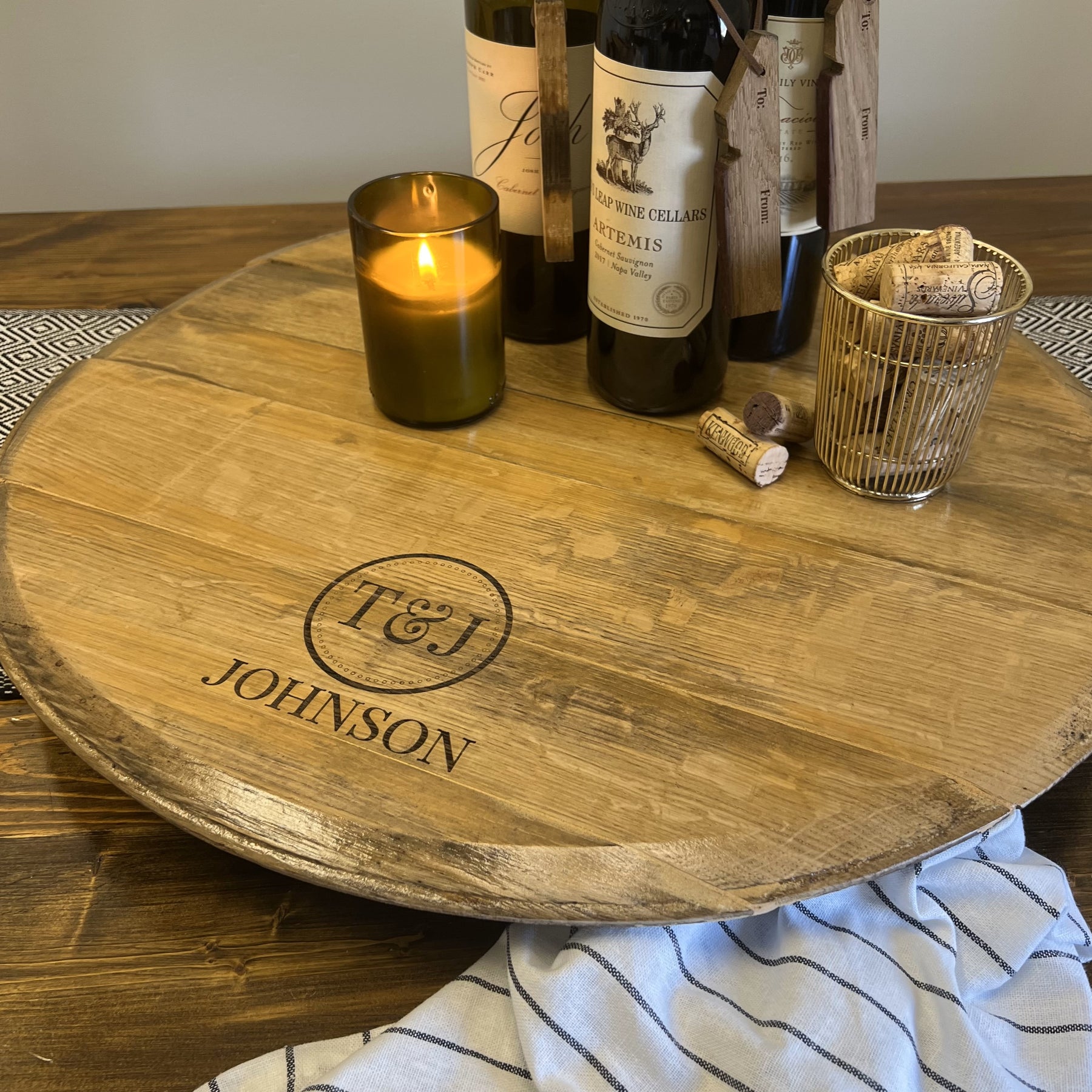 Wine Barrel Serving Round Tray or Lazy Susan Pinecone Home