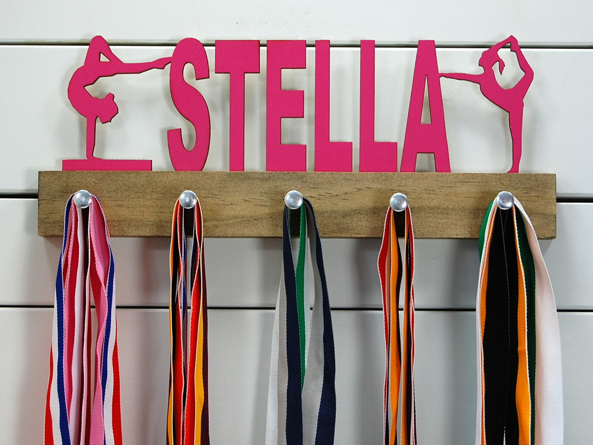Personalized &quot;Stella&quot; gymnastics themed medal display rack 