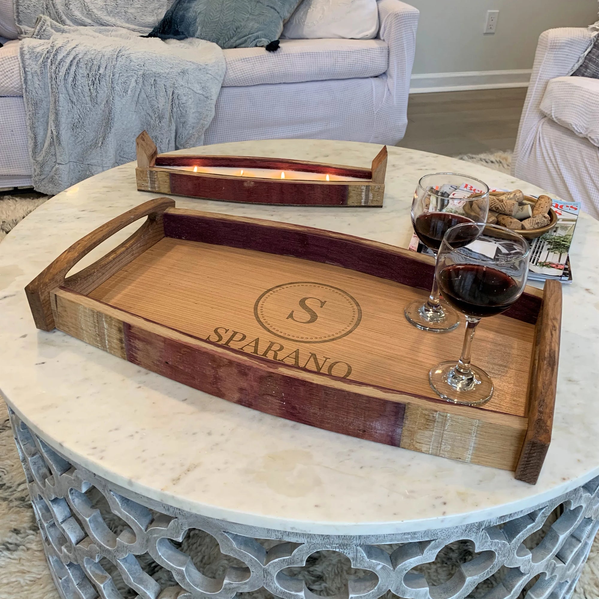 Pinecone Home Serving tray made from wine barrels